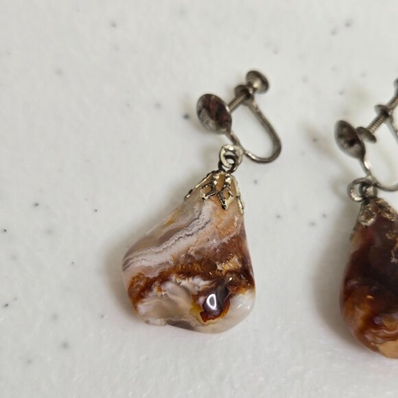 Agate Earrings Dangle Brown Stripe Drop Gemstone Boho Tumbled Stone - Picture 2 of 8